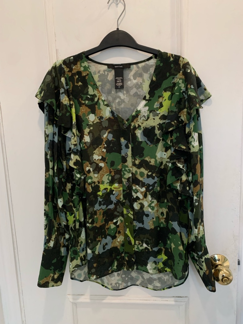 Smythe camo long sleeve ruffled blouse. Size XS